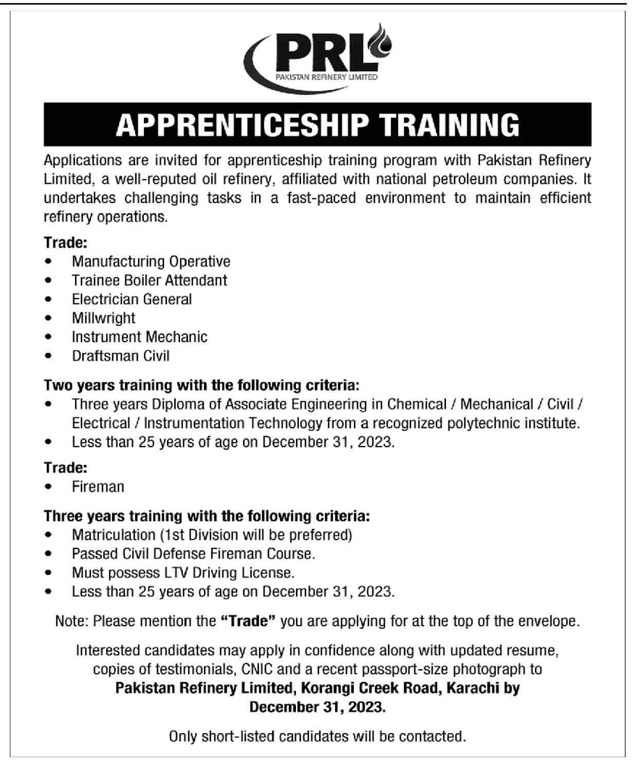 PRL Pakistan Refinery Limited Karachi Apprenticeship Training