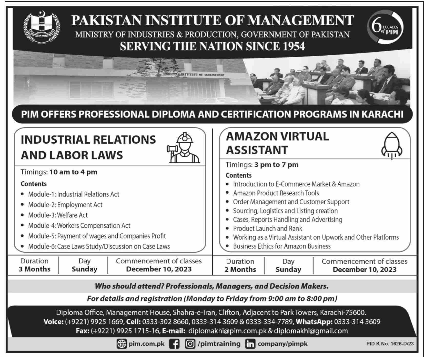 Pakistan Institute of Management Karachi Professional Diploma & Certification Programs