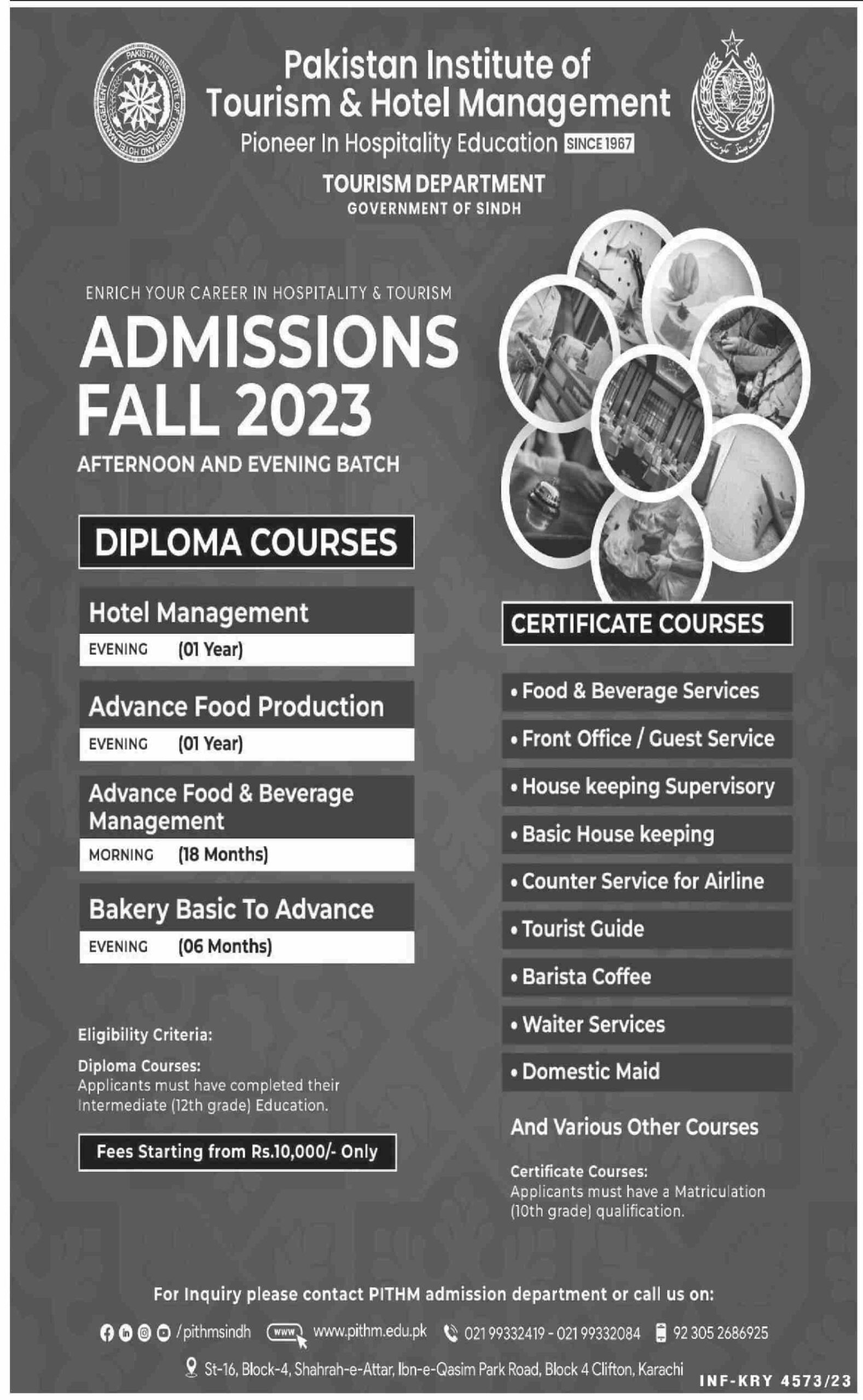 Pakistan Institute of Tourism & Hotel Management Karachi Admissions Fall Afternoon And Evening Batch