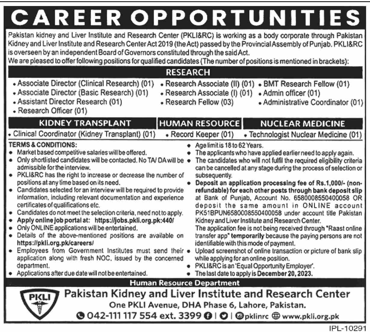 Pakistan Kidney And Liver Institure And Research Center Research HR Kidney Transplant Medicine Jobs