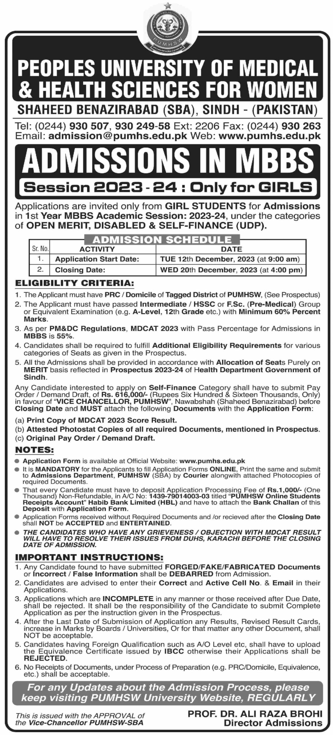 Peoples University of Medical And Health Sciences For Women Shaheed Benazirabad Sindh Pakistan Admissions in MBBS