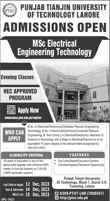 Punjab Tianjin University of Technology Lahore MSc Electrical Engineering Technology Admissions Open