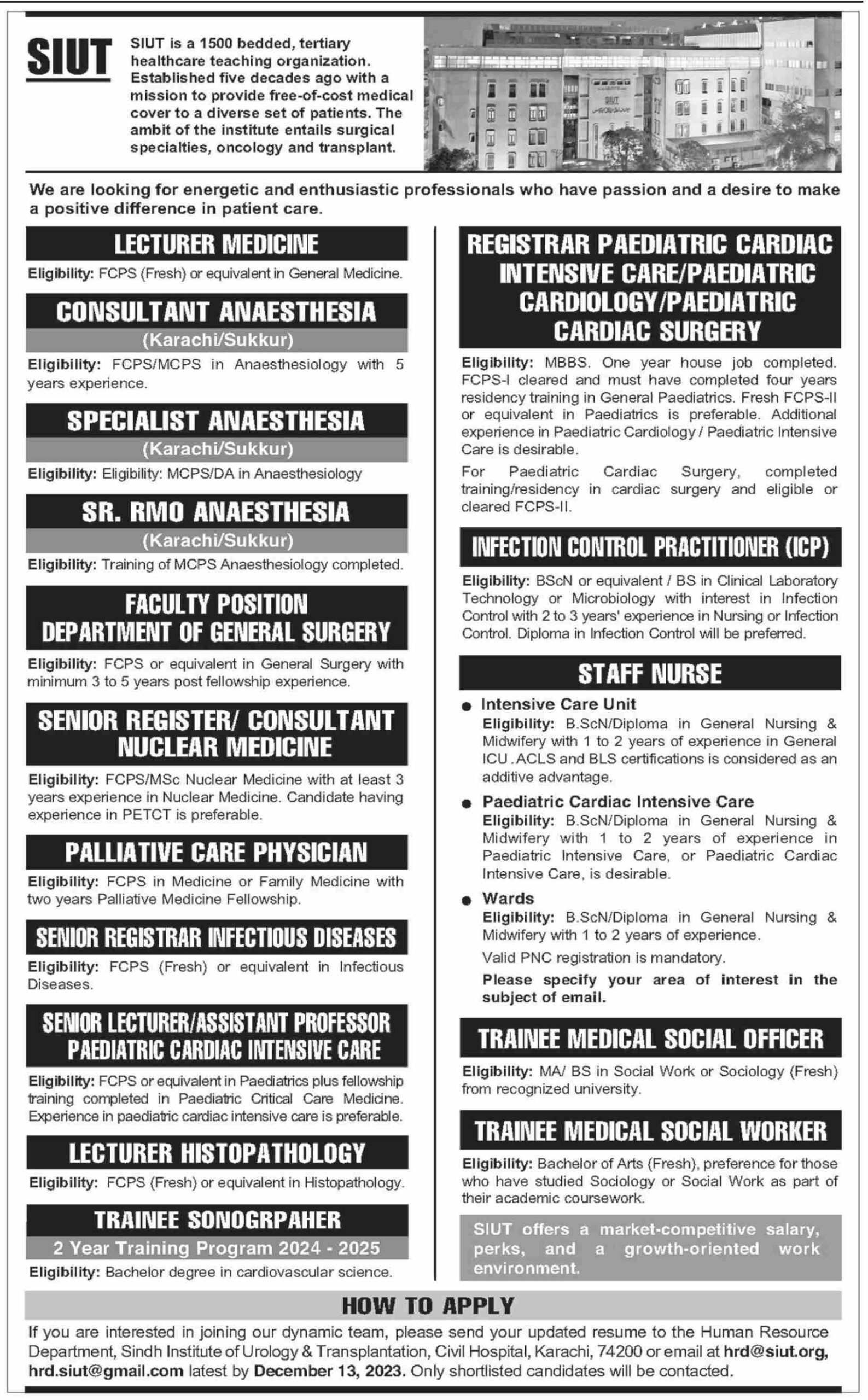 SIUT Jobs For FCPS MSPS MBBS Nursing In Karachi & Sukkur