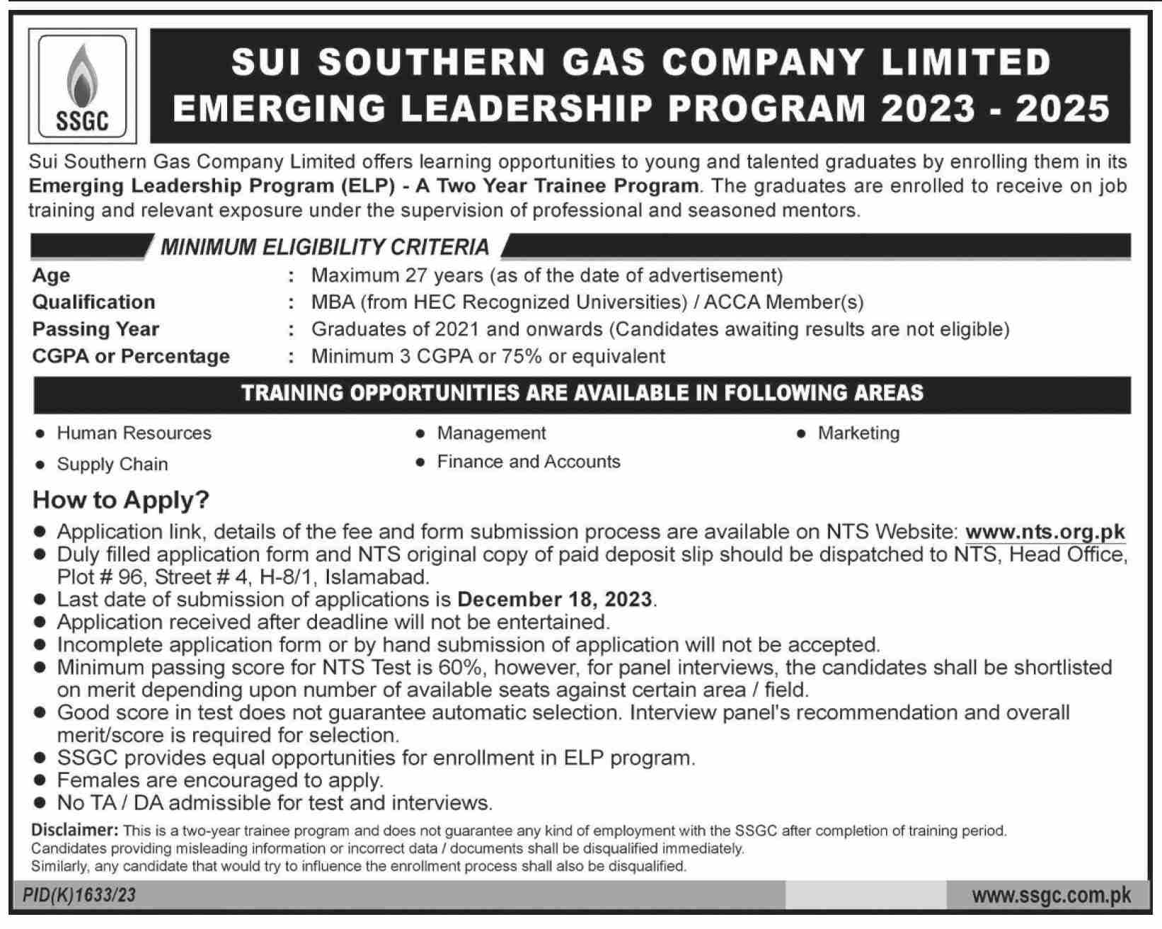 Sui Southern Gas Company Limited Emerging Leadership Program 2023 - 2025