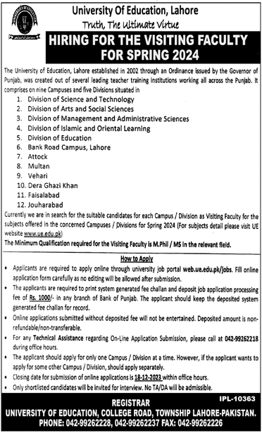 University of Education Lahore Hiring For Visiting Faculty