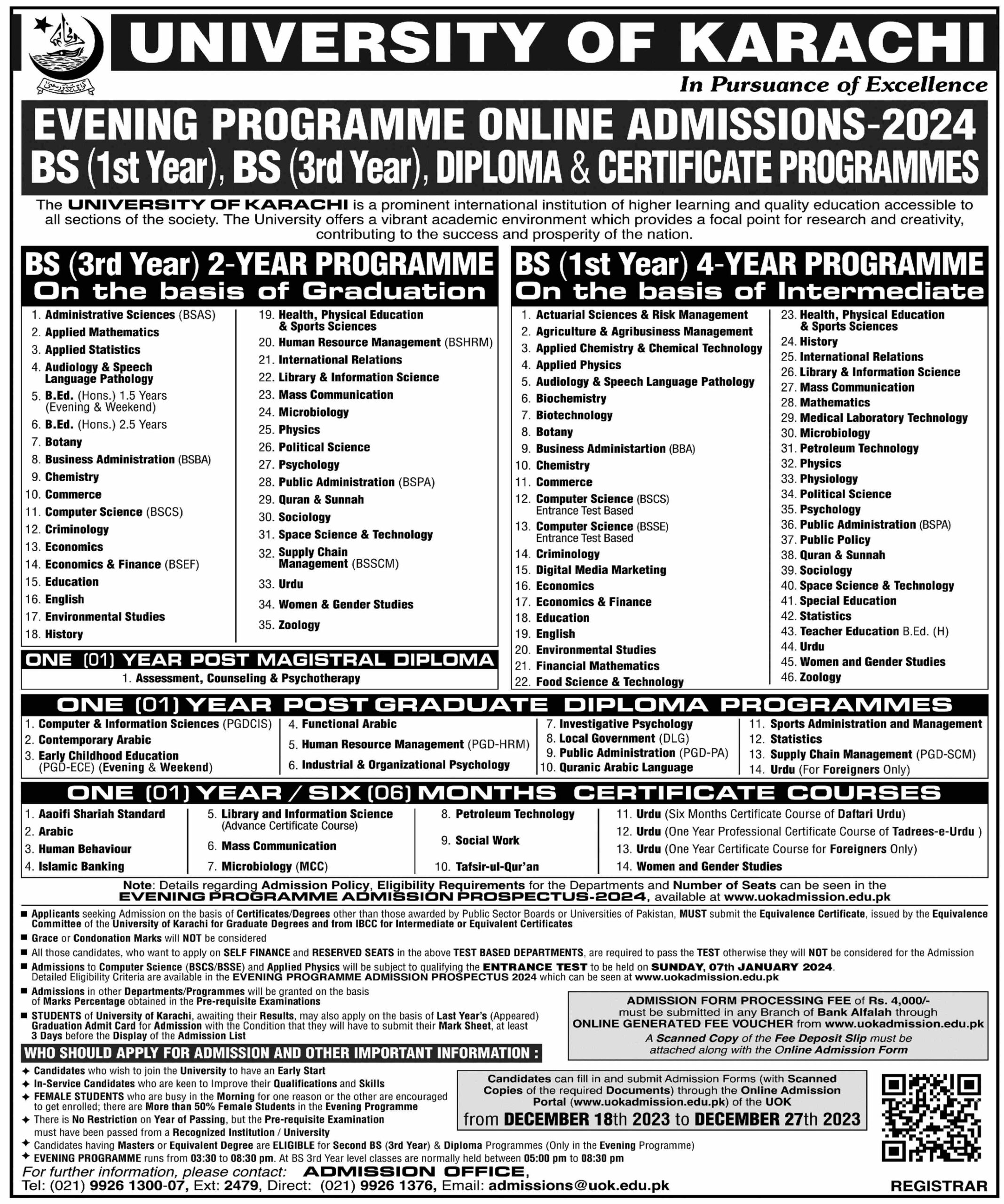 University of Karachi Evening Programme Online Admissions 2024