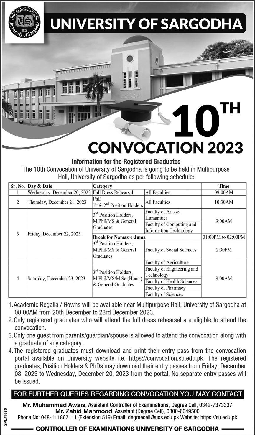 University of Sargodha 10th Convocation 2023 Information For Registered Graduates