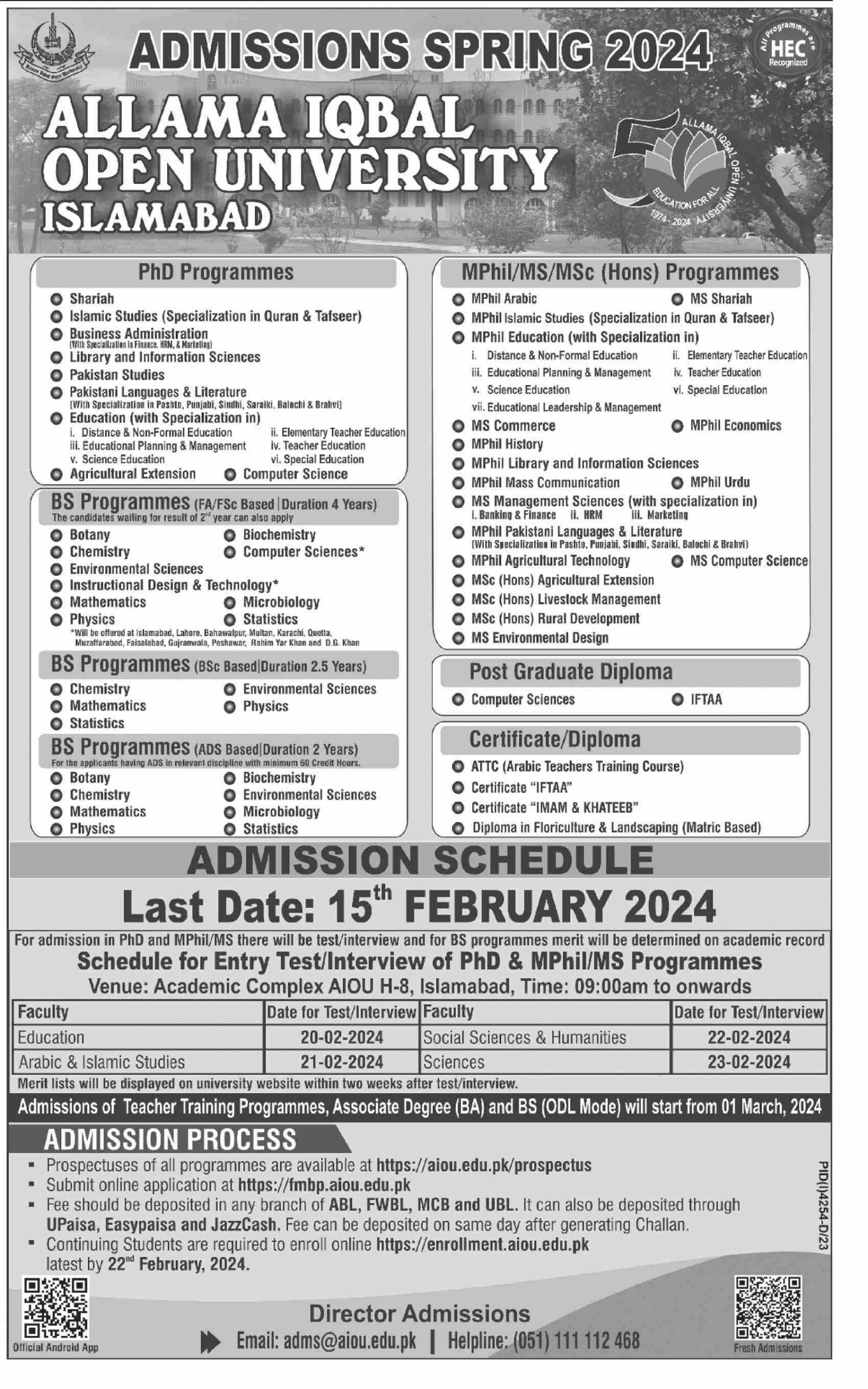Allama Iqbal Open University AIOU Islamabad Admissions Spring 2024 