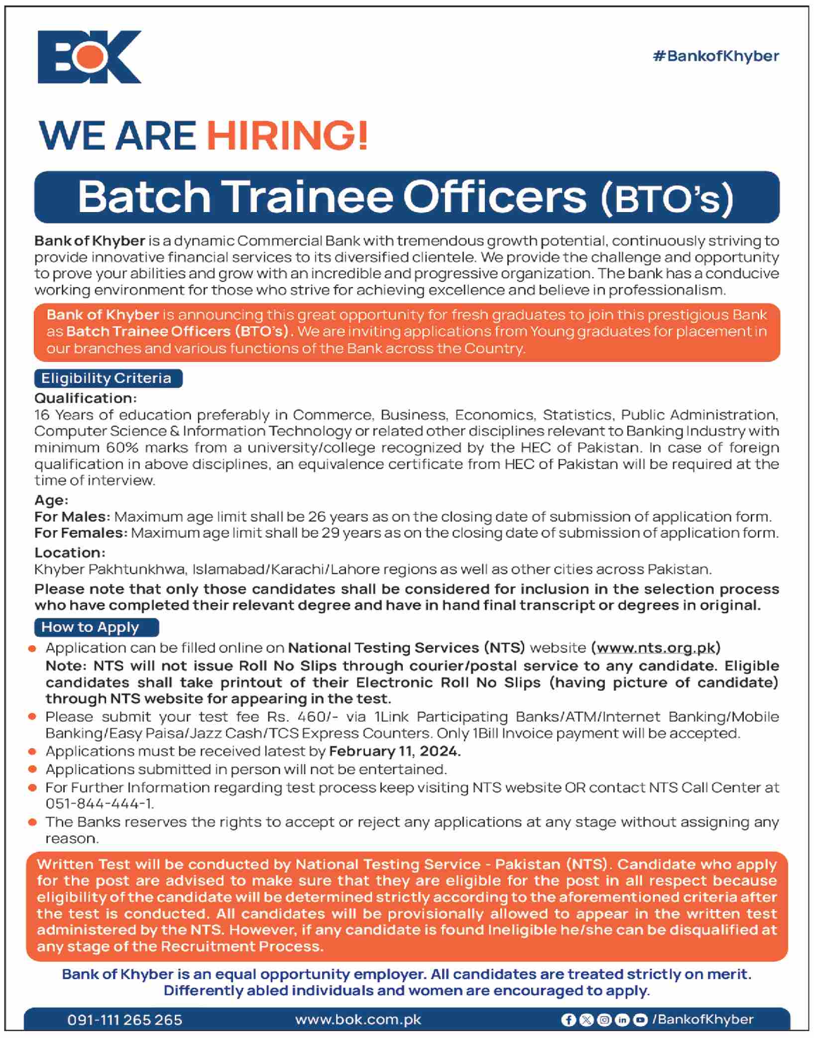 BOK Bank of Khyber Batch Trainee Officers BTO's Jobs 2024