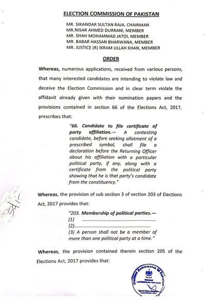 ECP Order Membership of political parties Pakistan's General Election 2024 P#1