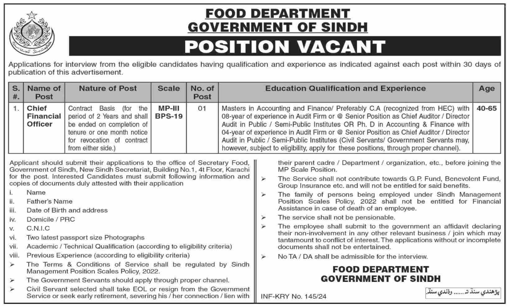 Food Department Government of Sindh Jobs For Master Degree Holders