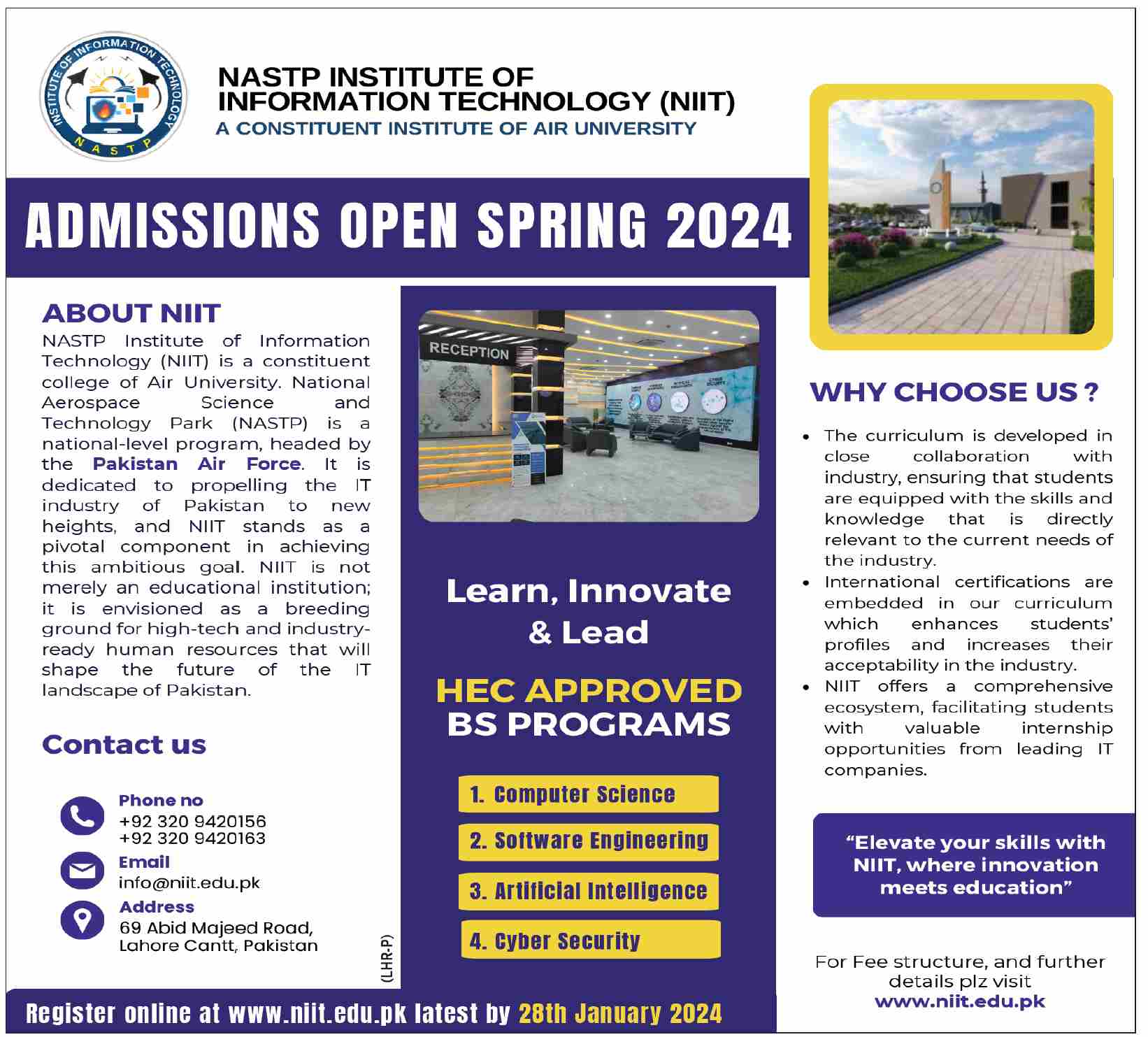 NIIT Lahore Admissions Open Spring 2024