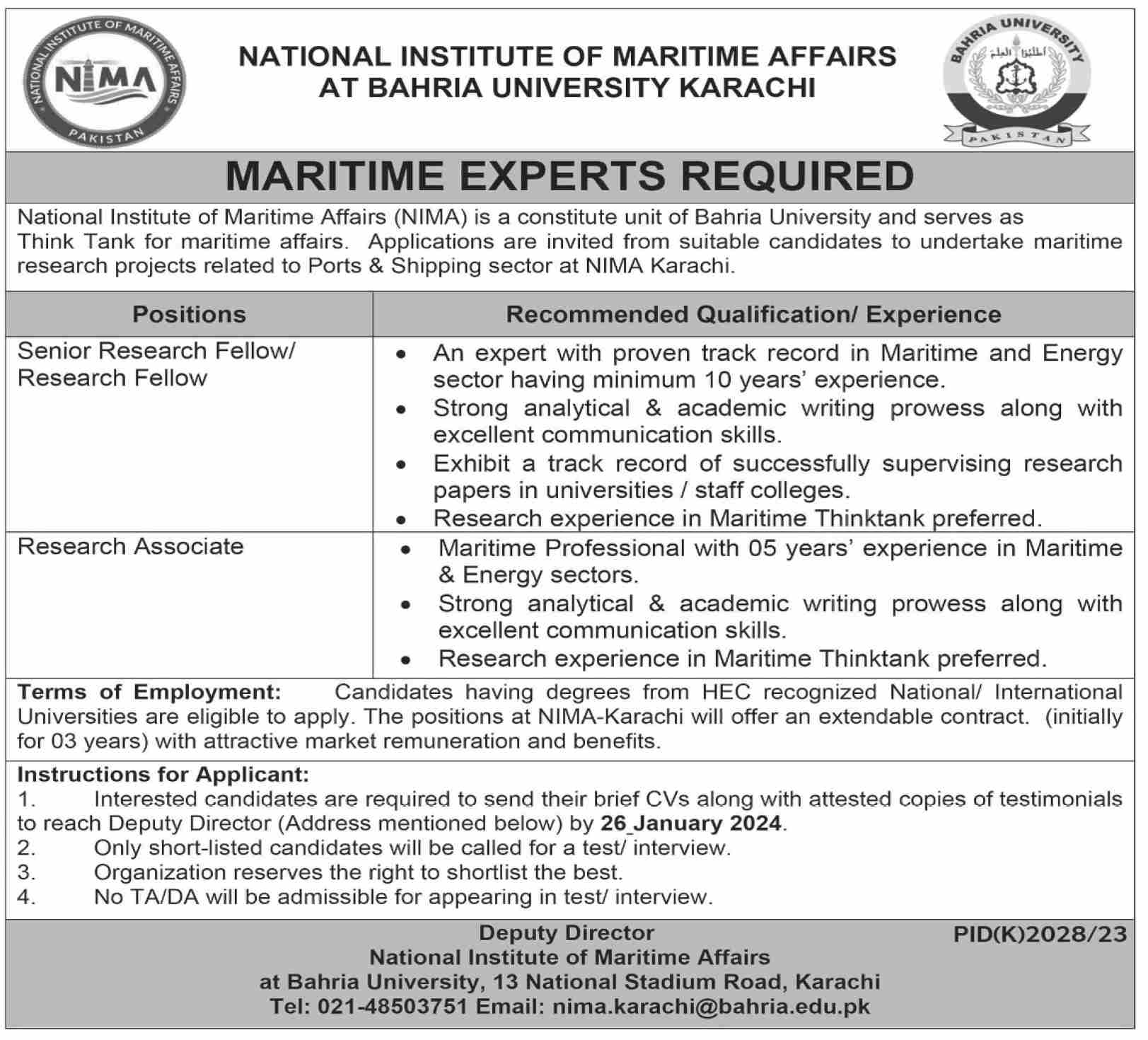 NIMA Bahria University Karachi Maritime Experts Required