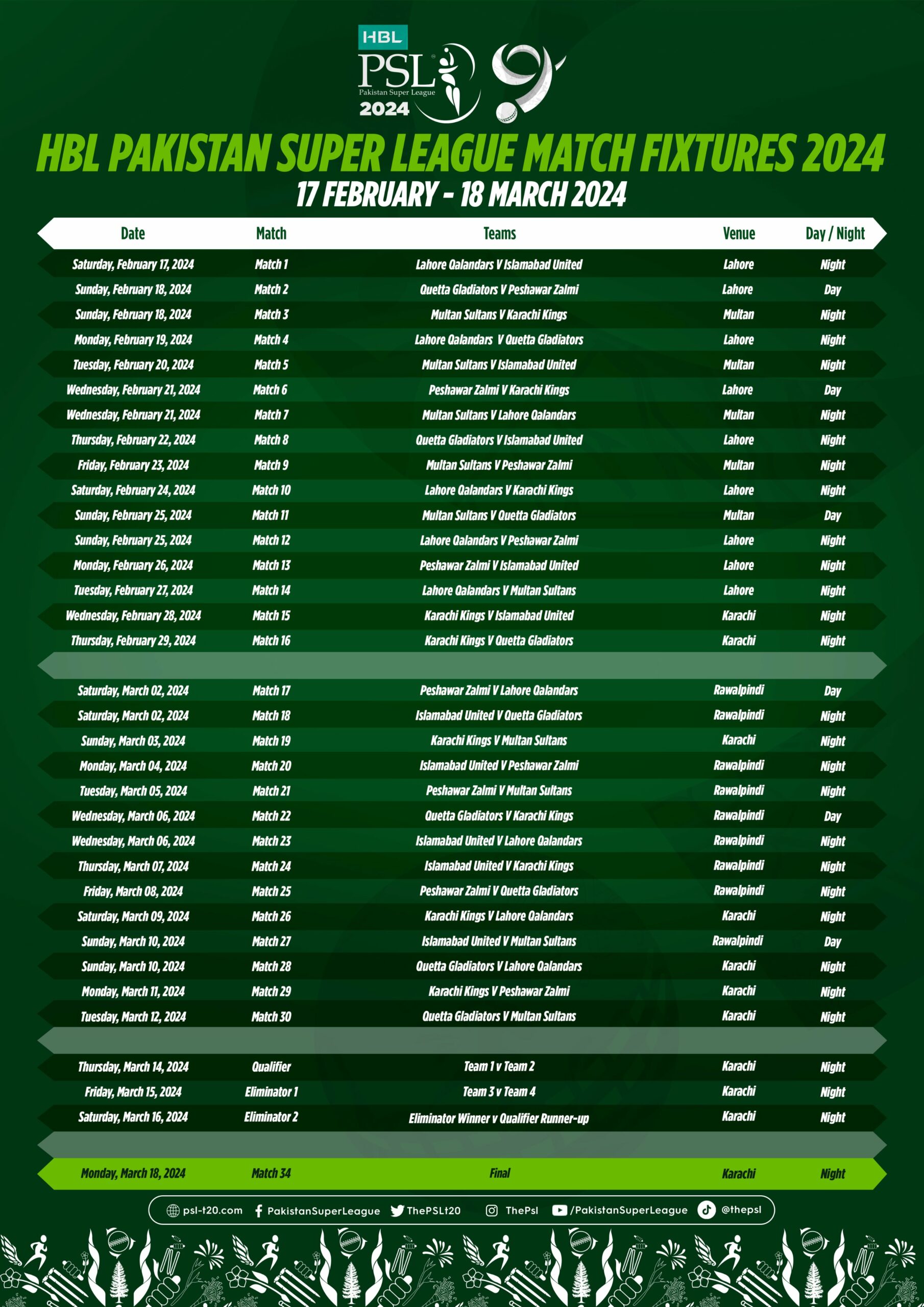 PSL Pakistan Super League Match Fixtures 2024 PSL9