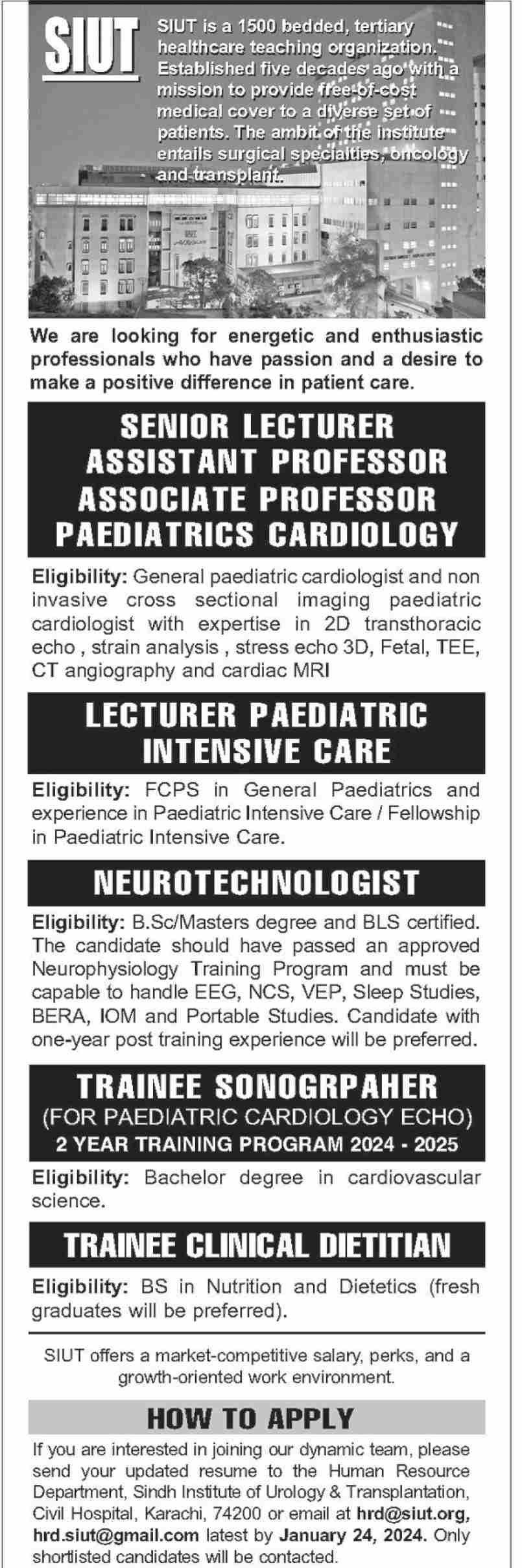 SIUT Jobs In Senior Lecturer Assistant Associate Professor Paediatrics Cardiology