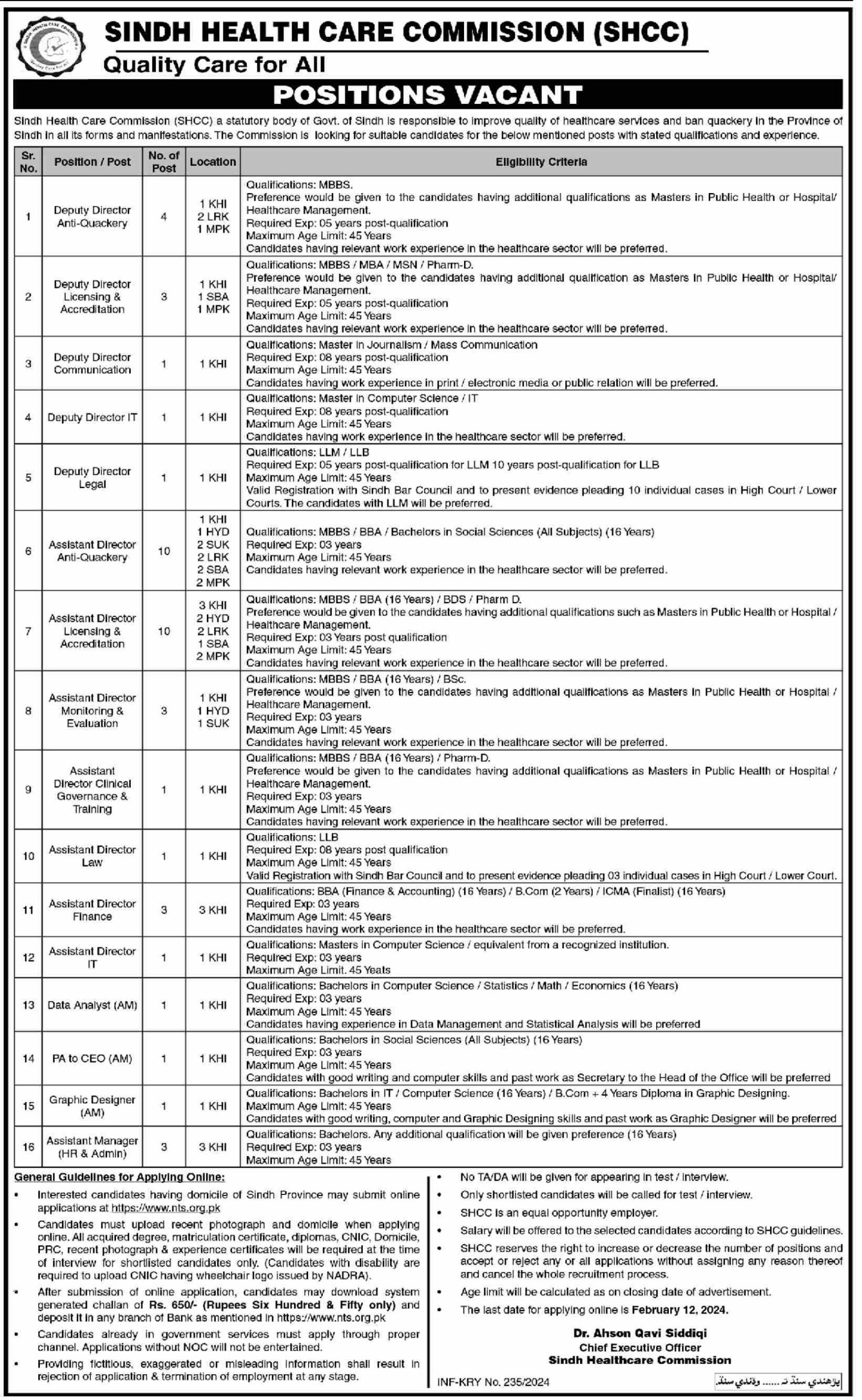 Sindh Health Care Commission SHCC Jobs Positions Vacant 2024