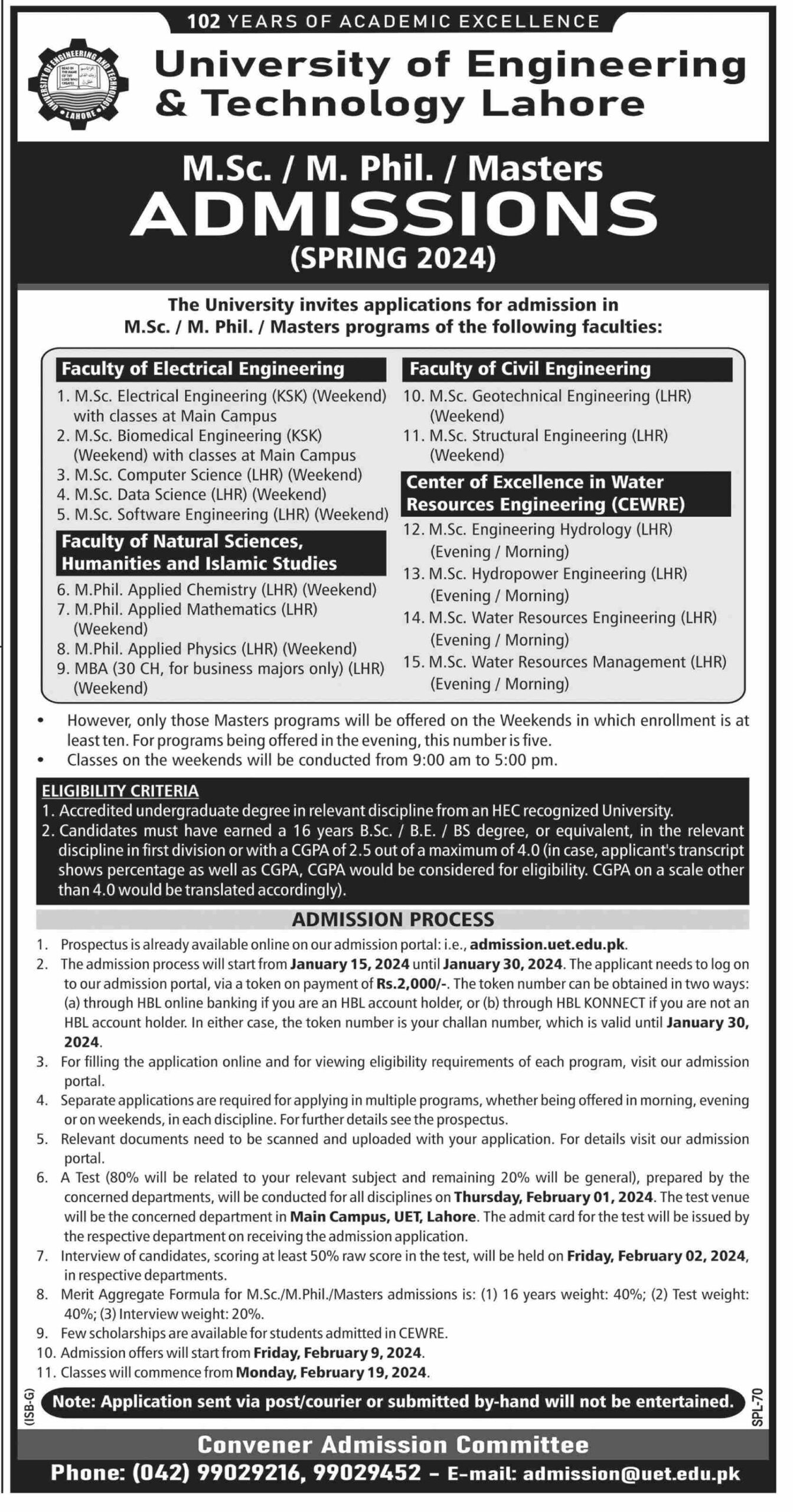 UET Lahore MSc MPhil Masters Admissions Spring 2024