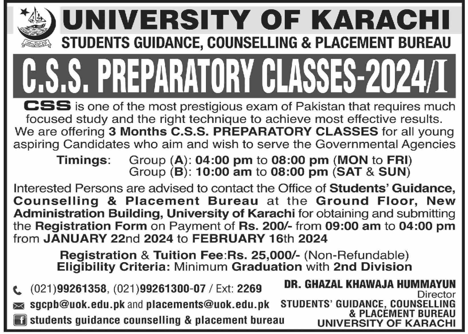 University of Karachi CSS Preparatory Classes 2024