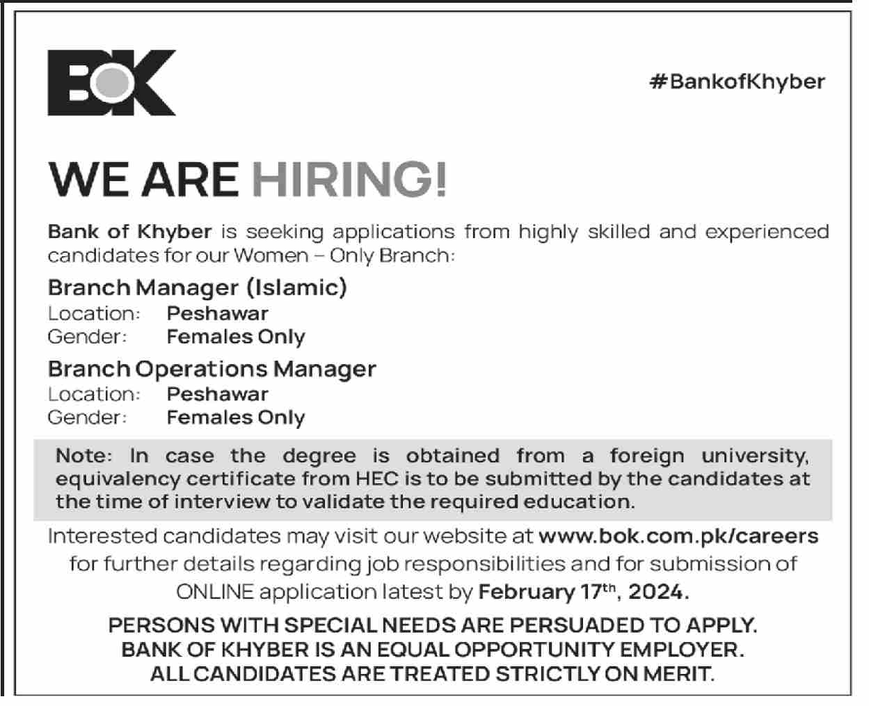 Bank of Khyber Branch Manager Islamic & Branch Operation Manager Jobs in Peshawar