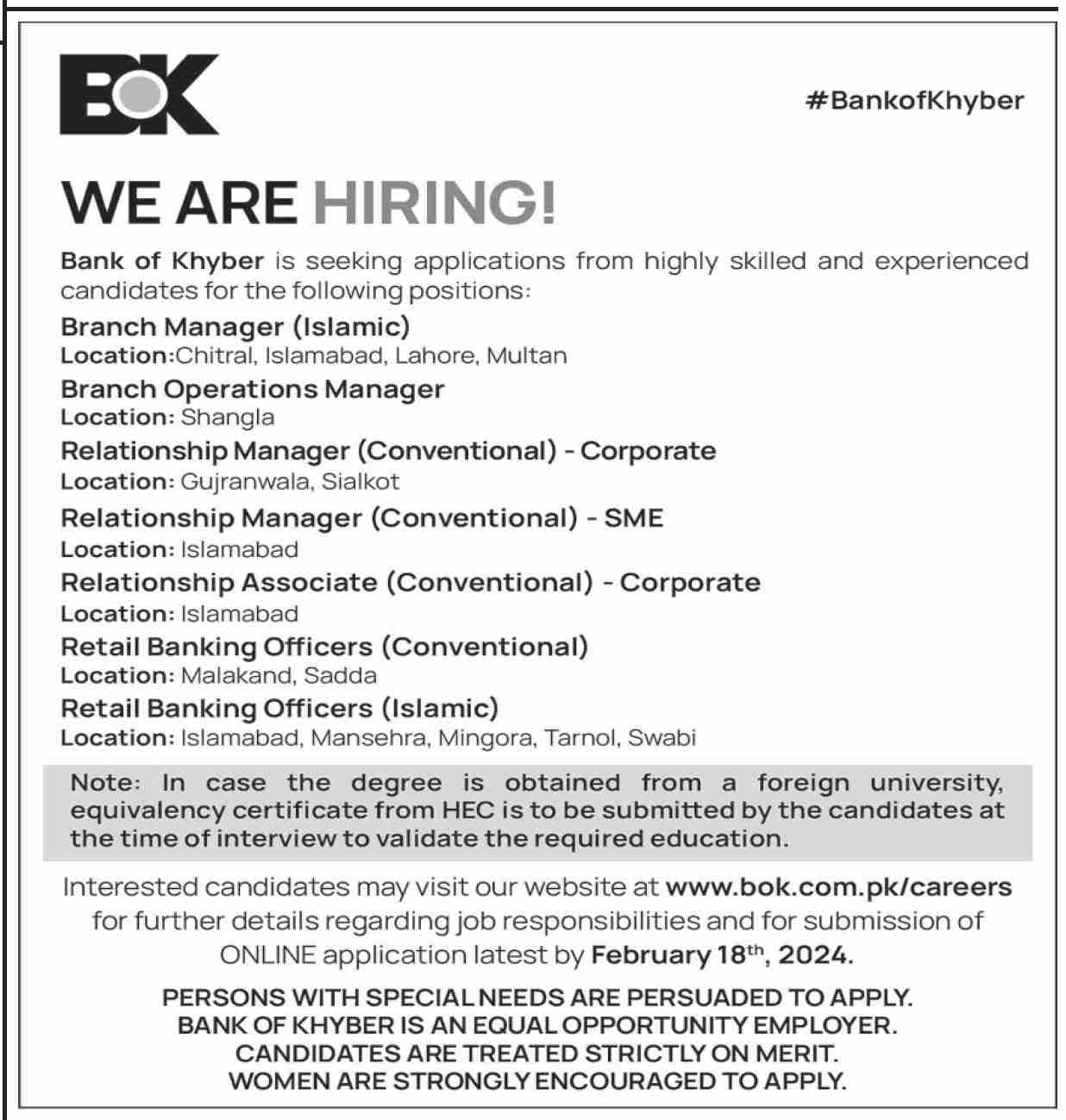 Bank of Khyber Relationship Manager Corporate SME Jobs