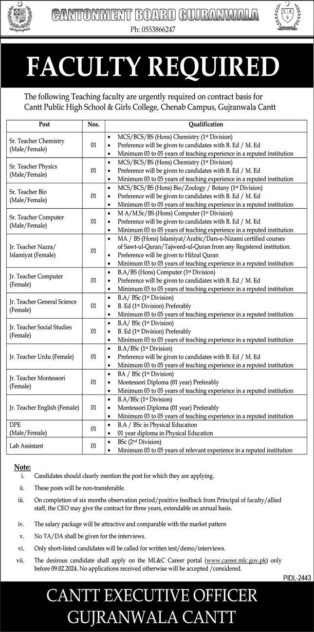 Cantonment Board Gujranwala Faculty Required For Cantt Public High School & Girls College Chenab Campus Gujranwala Cantt