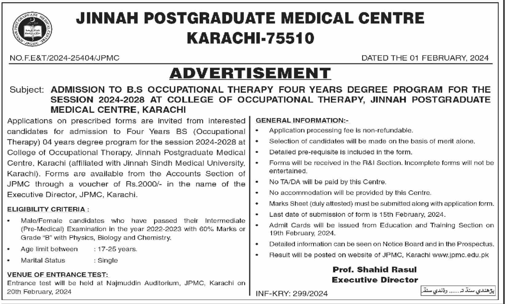 JPMC Karachi Admission BS Occupational Therapy 4 Year Degree Program Session 2024-2028