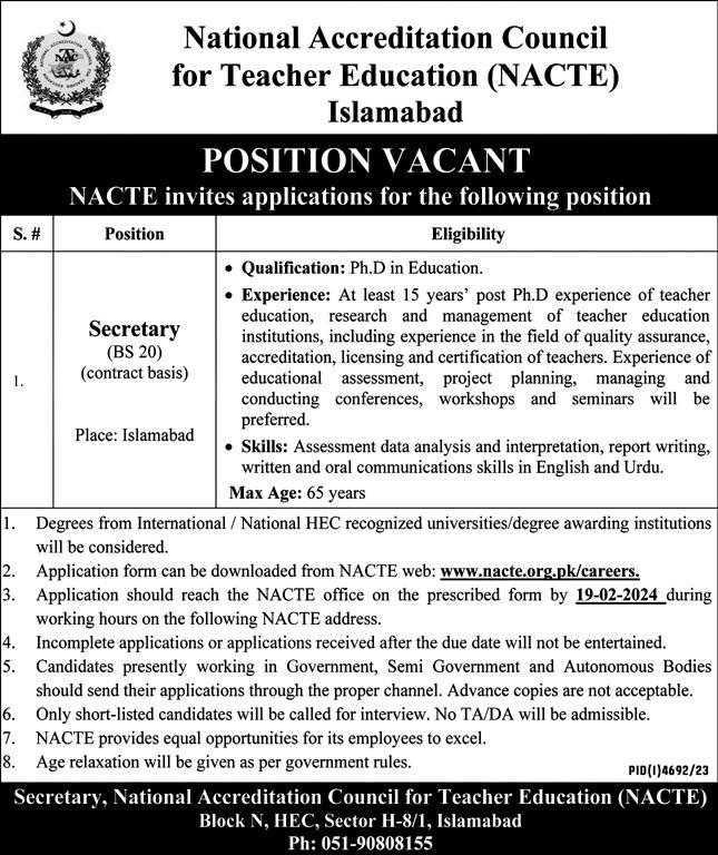 NACTE National Accreditation Council For Teacher Education Islamabad Jobs 2024