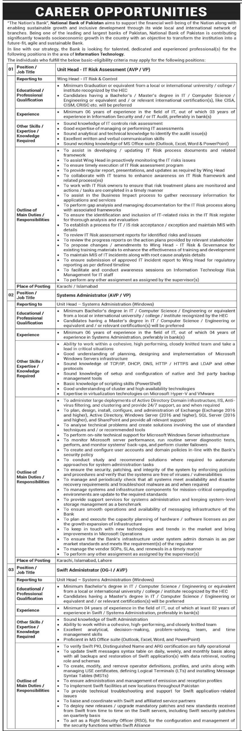 NBP National Bank of Pakistan Information Technology Jobs 2024