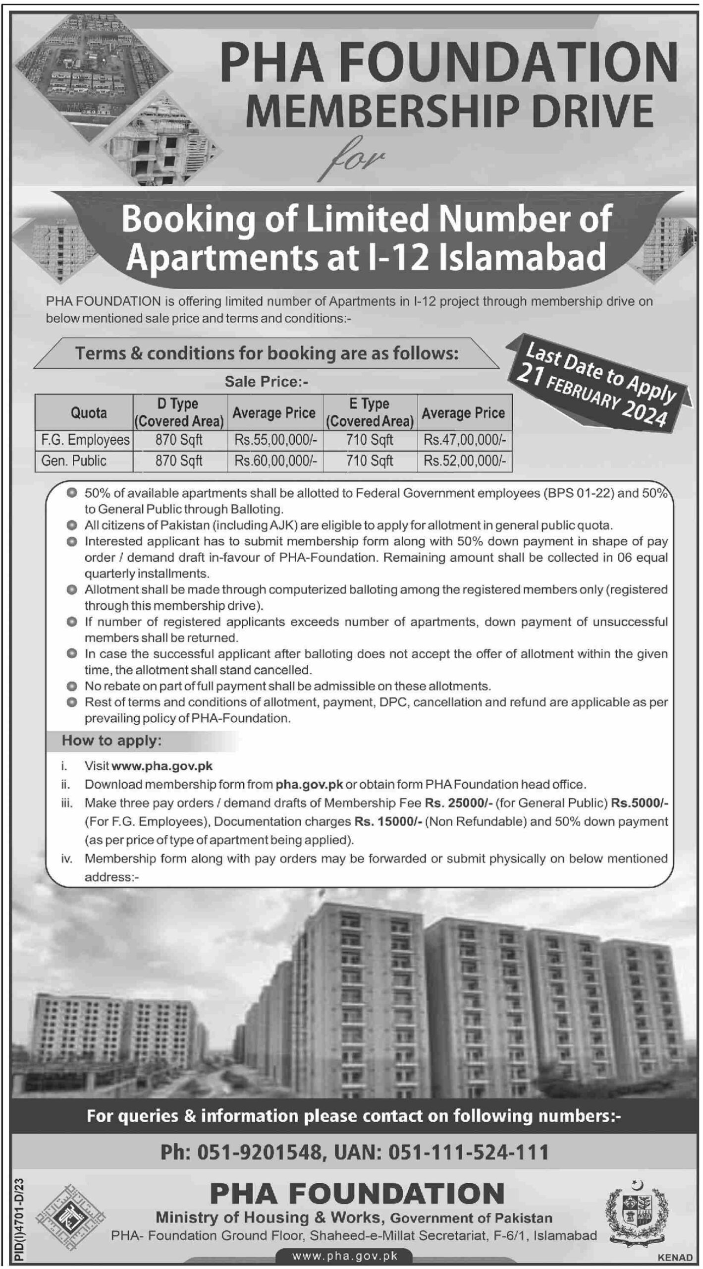 PHA Foundation Membership Drive For Apartments at I-12 Islamabad