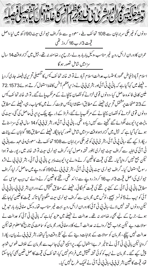 PTI Imran Khan & Bushra Bibi Tosha Khana Case Detail Judgement in Urdu