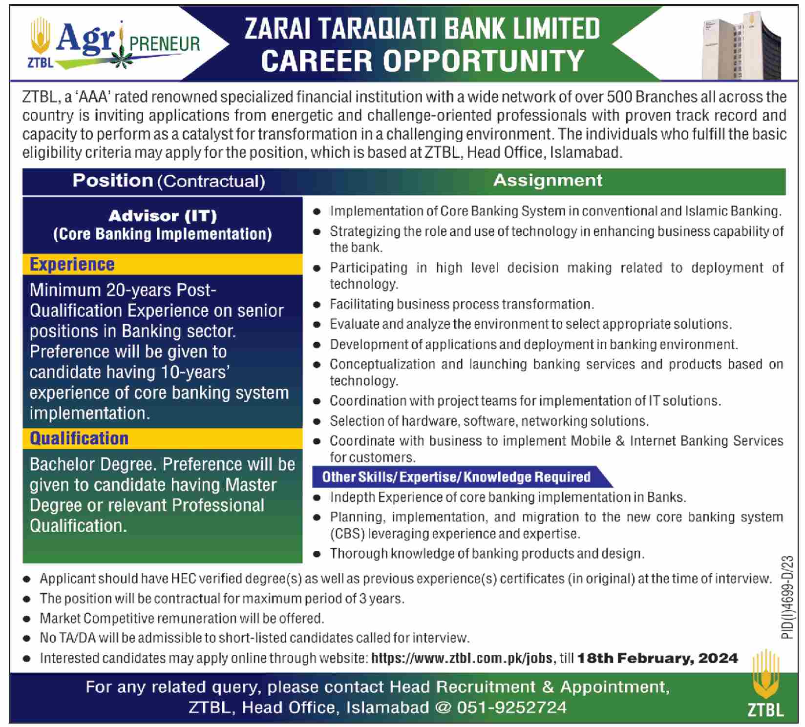 ZTBL Zarai Taraqiati Bank Limited Advisor IT Core Banking Implementation Jobs